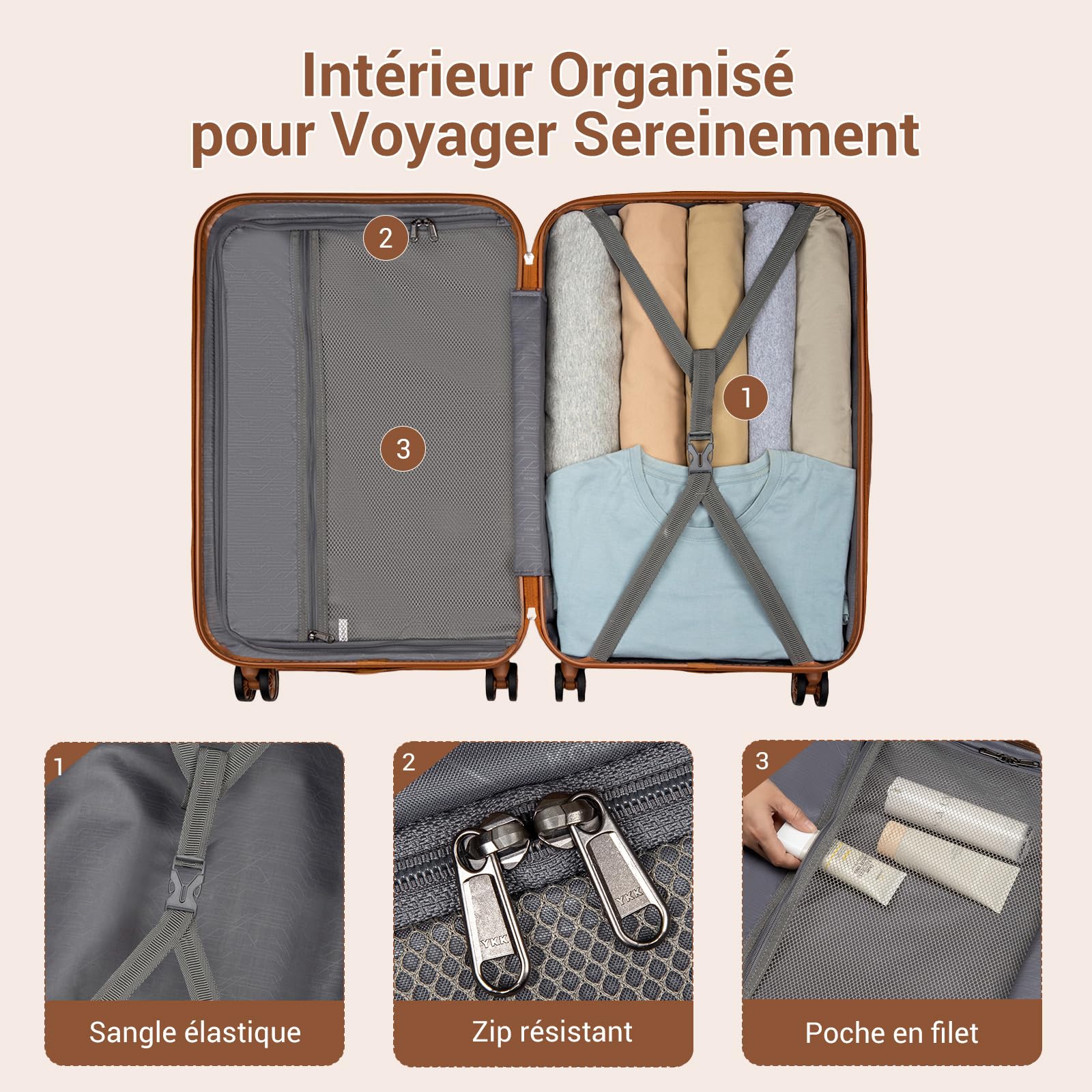Kono Valise Soute 65cm ABS+PC Rigide,Valise Moyenne Légere avec 4 roulettes 360° Serrure TSA,Dimensions Standard Compagnies Aériennes,Idéal Voyage d'affaires Vacances（Crème）