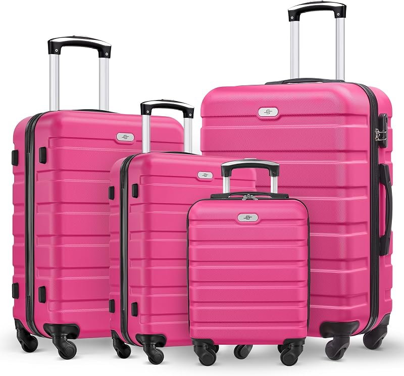 4 Piece Luggage Sets, Hard Shell Suitcase Set with Spinner Wheels 16 20 24 28inch Travel Sets(Rose Red)