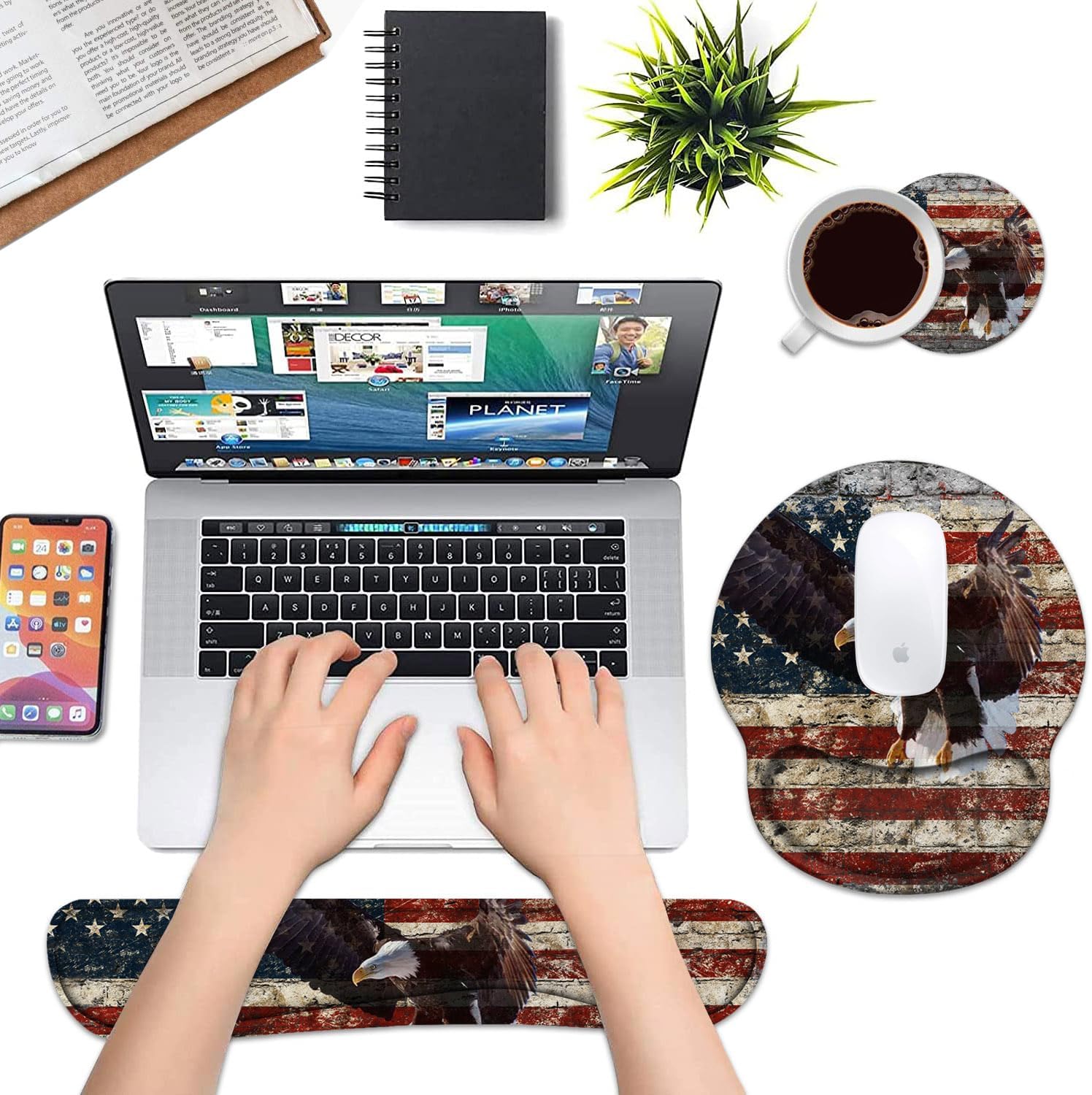 Keyboard Wrist Rest and Mouse Pad Wrist Support Set with Coasters, Non-Slip PU Base, Easy Typing and Relieve Wrist Pain, Perfect for Home Office Working Studying, Military Wall Graffiti USA Flag Eagle