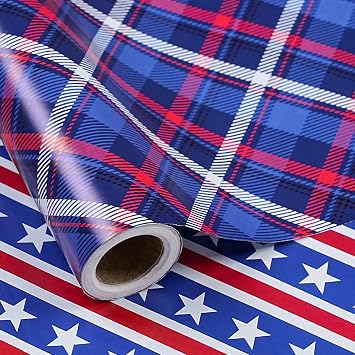 LeZakaa Patriotic Wrapping Paper Roll, Red White Blue Stars and Stripes Gift Wrap with Plaid Reversible Design, USA Theme Paper for Fourth of July, Memorial Day, Veterans Day, Mini Roll 17in x 16.4 ft