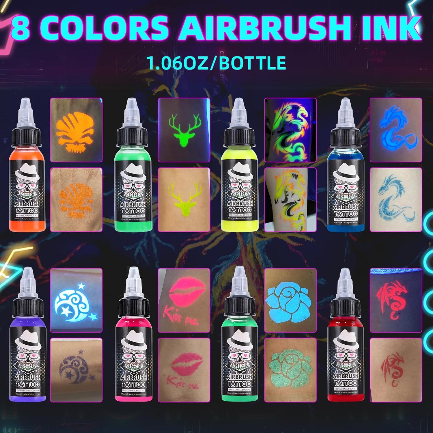 OPHIR 8 Colors Neon Airbrush Temporary Tattoo Ink, EDM Festival Body Paint for Rave Cosplay, Indoor Blacklight Outdoor Sun Glow, Winter-to-Summer Party Makeup Beauty Skin Art for Adults, 1.06oz/Bottle