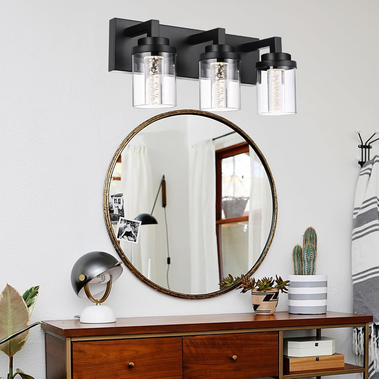MELUCEE 3-Light LED Bathroom Lighting Fixtures Over Mirror Modern Bathroom Vanity Light Fixtures 5CCT Black Vanity Light Above Mirror with Bubble Crystal and Clear Glass Shade, Built-in LED Chips