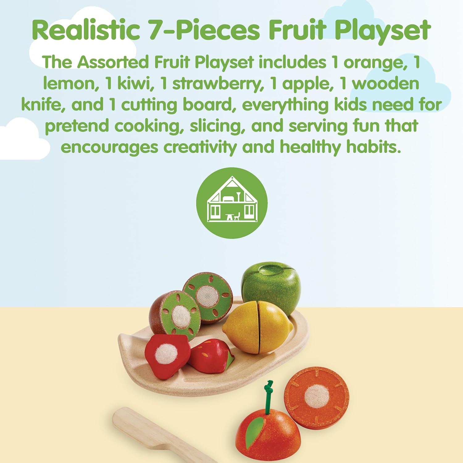 PlanToys 7 Piece Assorted Fruit Kitchen Food Playset (3600) | Sustainably Made from Rubberwood and Non-Toxic Paints and Dyes