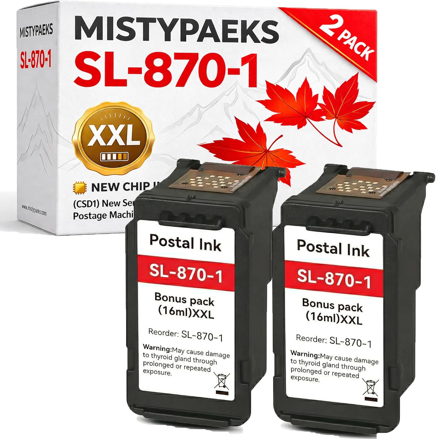 2PK SL-870-1 XXL Fluorescent Red Ink Cartridge (CSD1) High Yield Compatible for Pitney Bowes sl-870-1 Red Ink Cartridge New SendPro Mailstation Postage Meter, USPS Compliant Red Ink-18ML