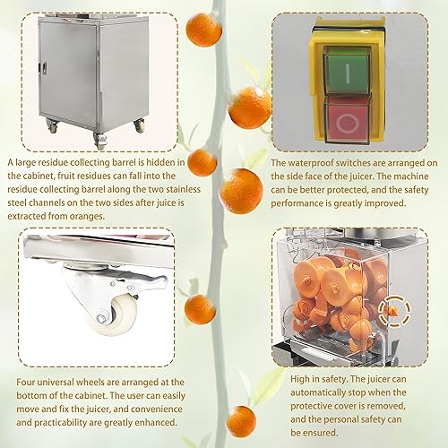 Miniatura 5 de Exprimidor de naranja comercial 110 V Vertical Orange Juice Extractor Machine Citrus Lemon Squeezer 20PCSMin, con gabinete de acero inoxidable,