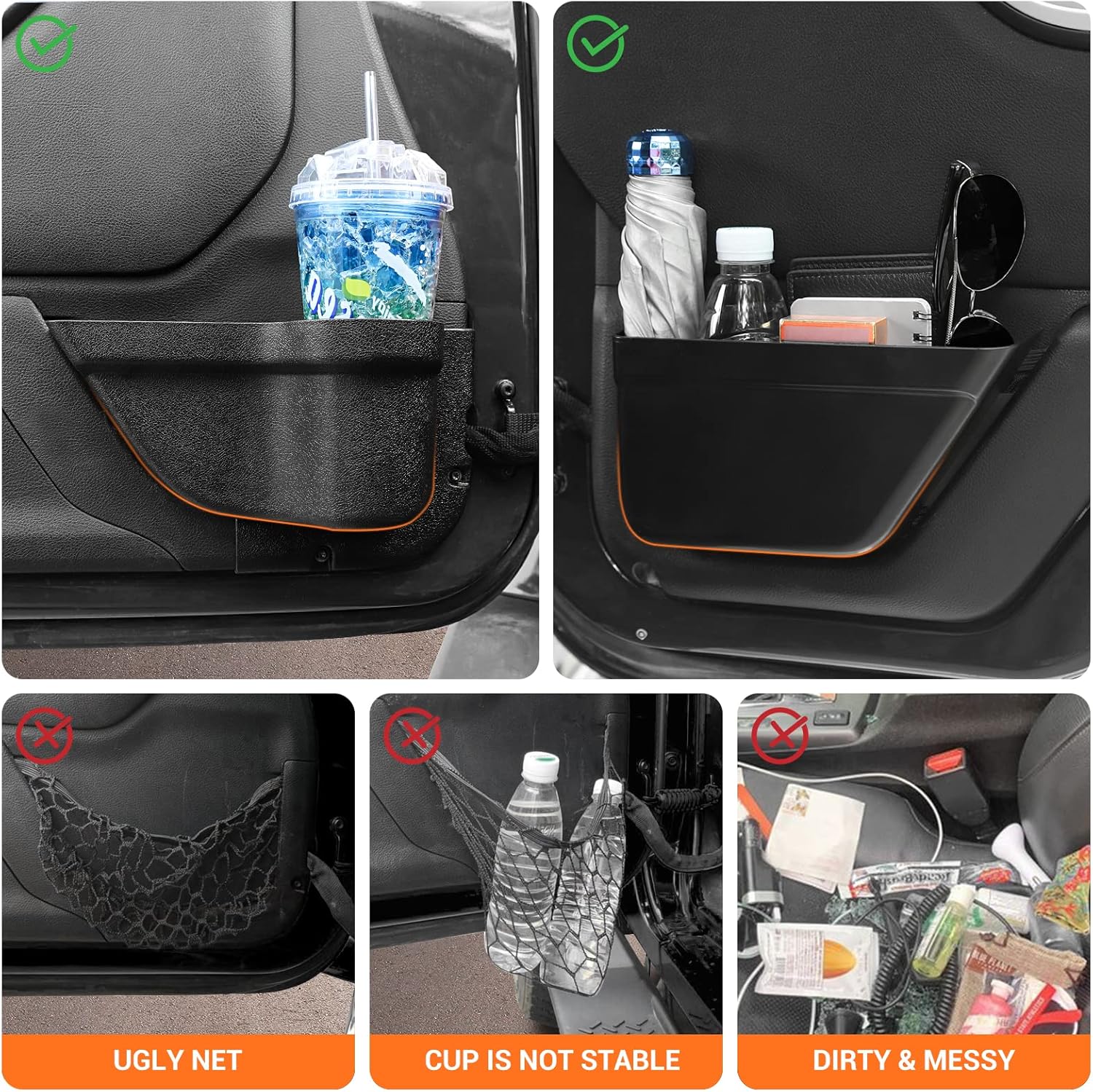 Front & Rear Door Side Insert Storage Box, Door Organizer Pockets for 2011-2018 Jeep Wrangler JK JKU 2/4 Door, 4Pcs Black Interior Storage Expansion Accessories(Upgraded Version)