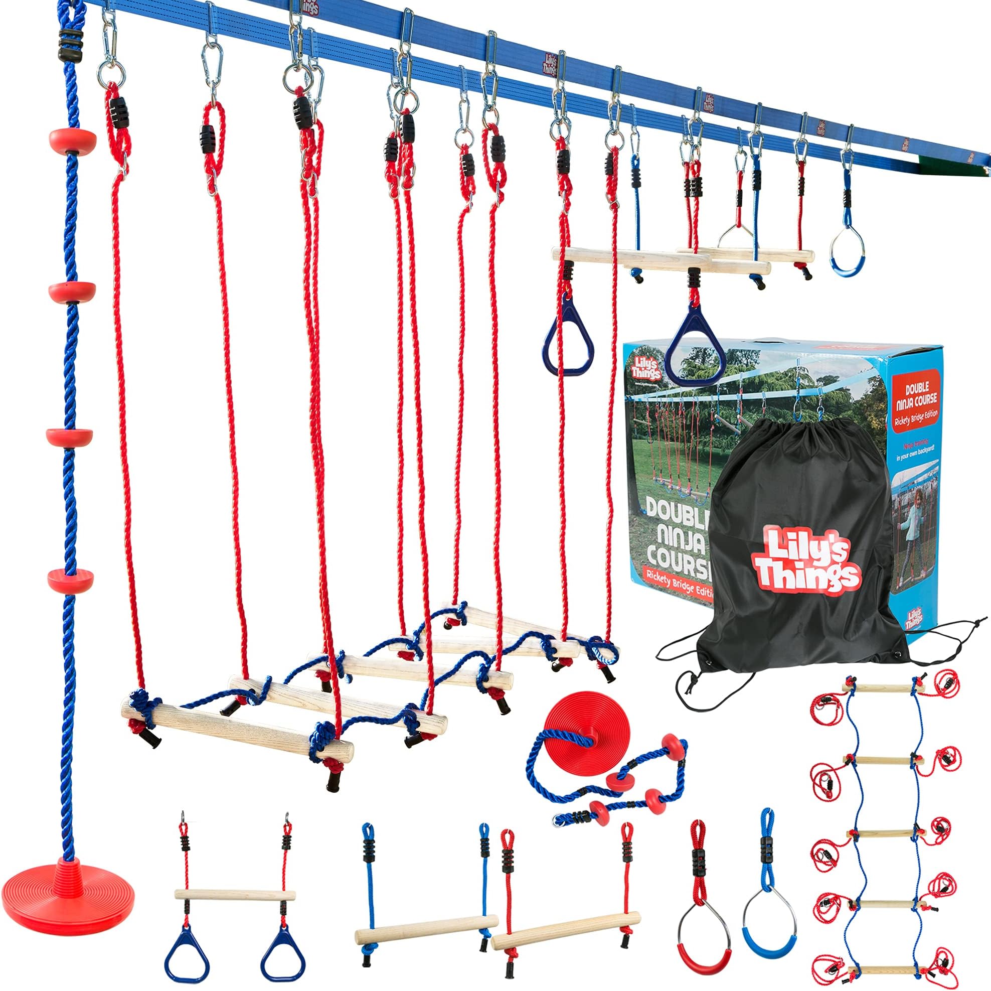 Double Slackline Obstacle Course - 110 Ft Line - Ninja Warrior Course with Monkey Bars for Kids - Patented Double Line Design (110' Ultimate Warrior Set, with Rickety Bridge)