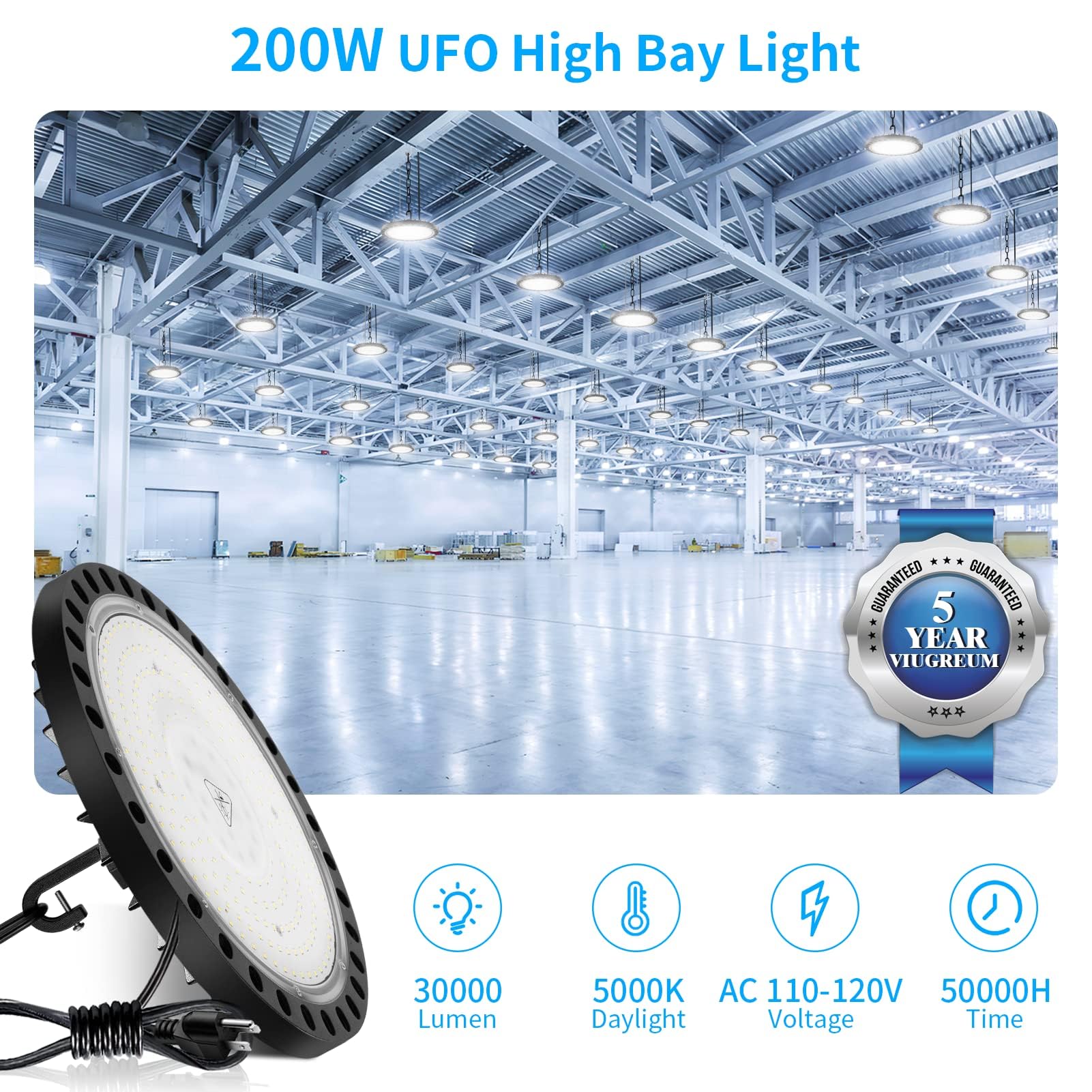 Viugreum 10pack LED High Bay Light 5000K, 200W, 20000Lm(Ip65) UFO High Bay Lights with US Plug Commercial Bay Lighting for Barn/Garage Commercial Warehouse Car Wash Shop UFO Lights, Hanging Chain