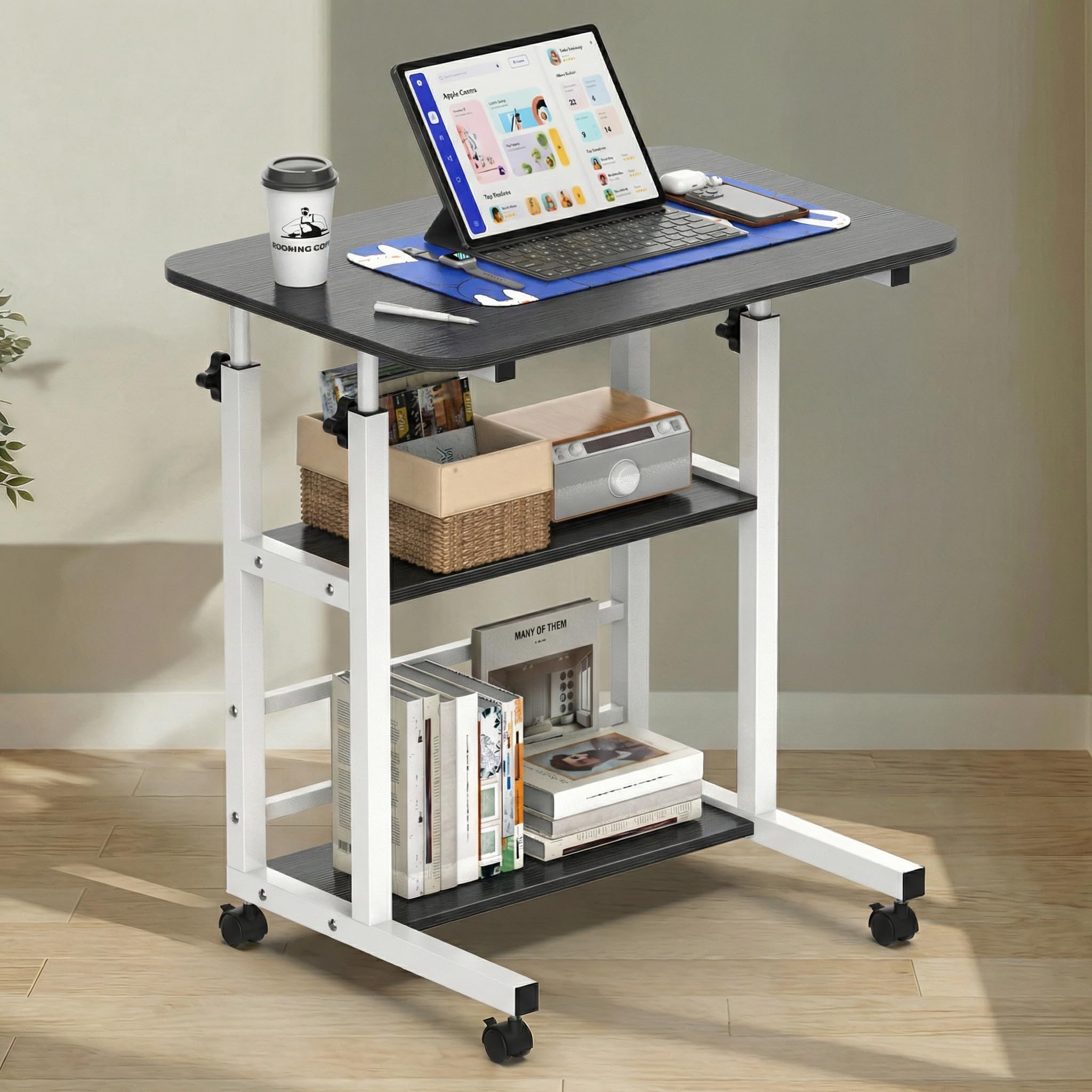 Huracan Bureau Informatique Mobile Réglable en Hauteur 56–82 cm, Table d’Ordinateur 80 x 40 cm avec 3 Niveaux de Rangement, 4 roulettes Verrouillables, Table d’Appoint pour Lit, Canapé – Noir Brossé