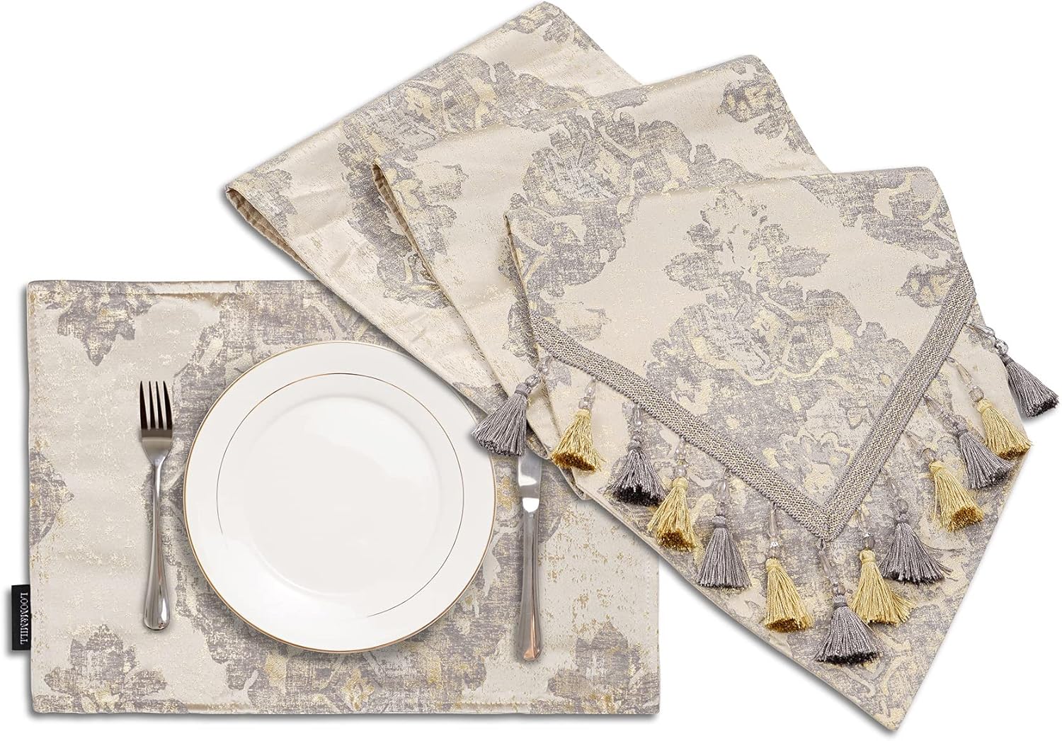 Loom and Mill Luxury Table Runner 90 inches Long Bundles 6 PCS Elegant Damask Jacquard Table Place Mats, Handmade Multi-Tassels & Double-Layer, Perfect for Dining Table Dresser Party Decorations