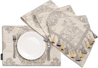 Loom and Mill Luxury Table Runner 120 inches Long Bundles 6 PCS Elegant Damask Jacquard Table Place Mats, Handmade Multi-Tassels & Double-Layer, Perfect for Dining Table Dresser Party Decorations