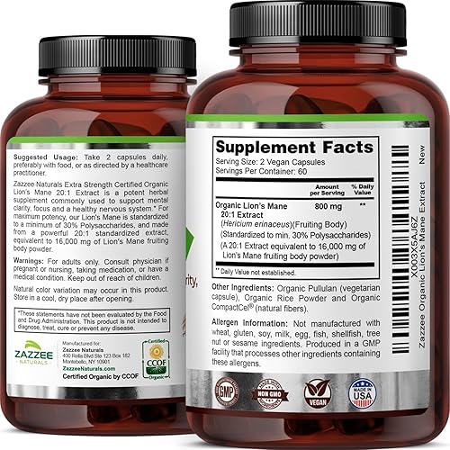 Miniatura 8 de Zazzee USDA Organic Lion's Mane 20:1 Extracto, 30% polisacáridos, 16,000 mg de fuerza, 120 cápsulas veganas, nootrópico para la salud cerebral,