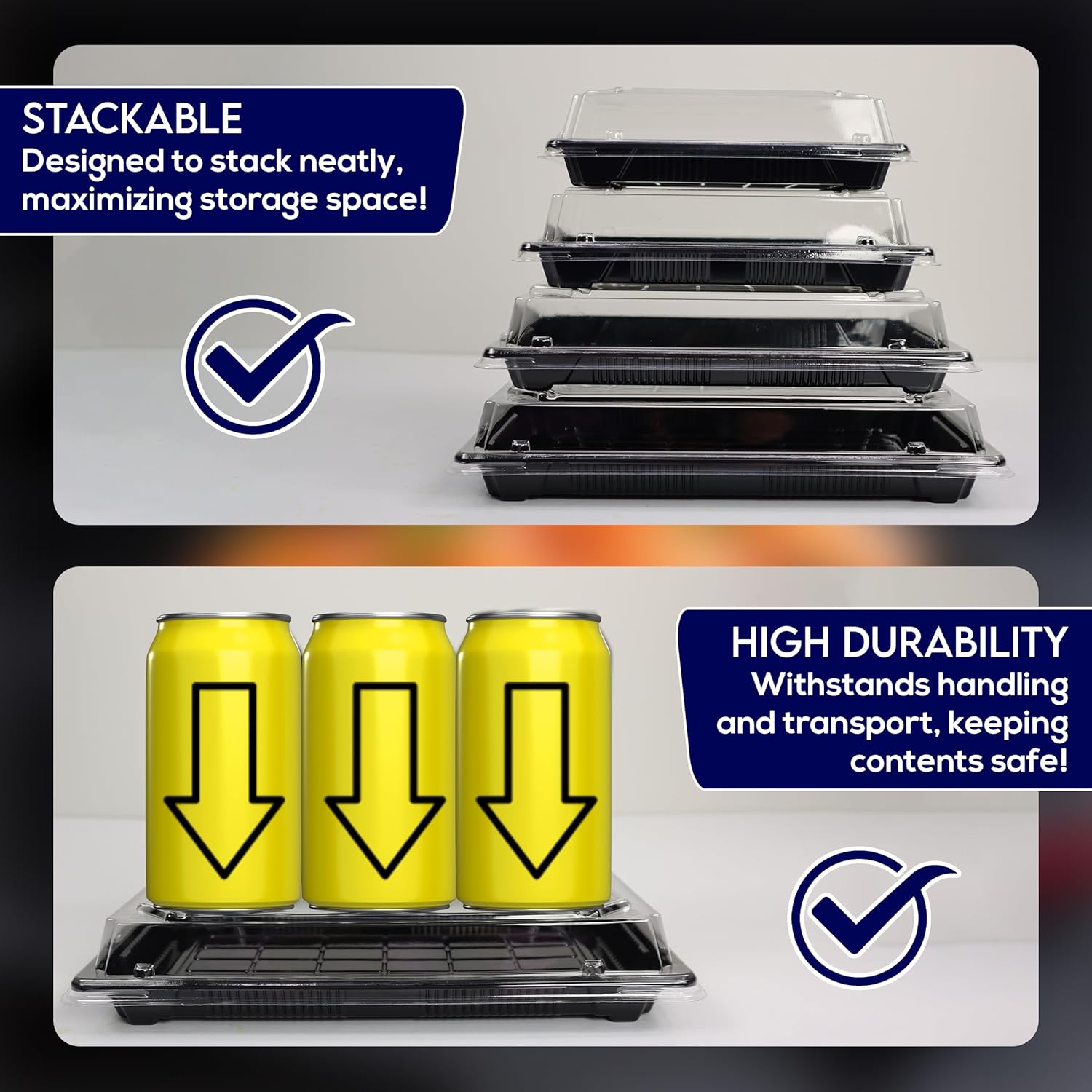 Klex Disposable Plastic 1.0 Sushi Containers with Lids for Take Out To-Go Cake Dessert Carrier Container, Black/Clear, 7.3" x 5", 400 Sets