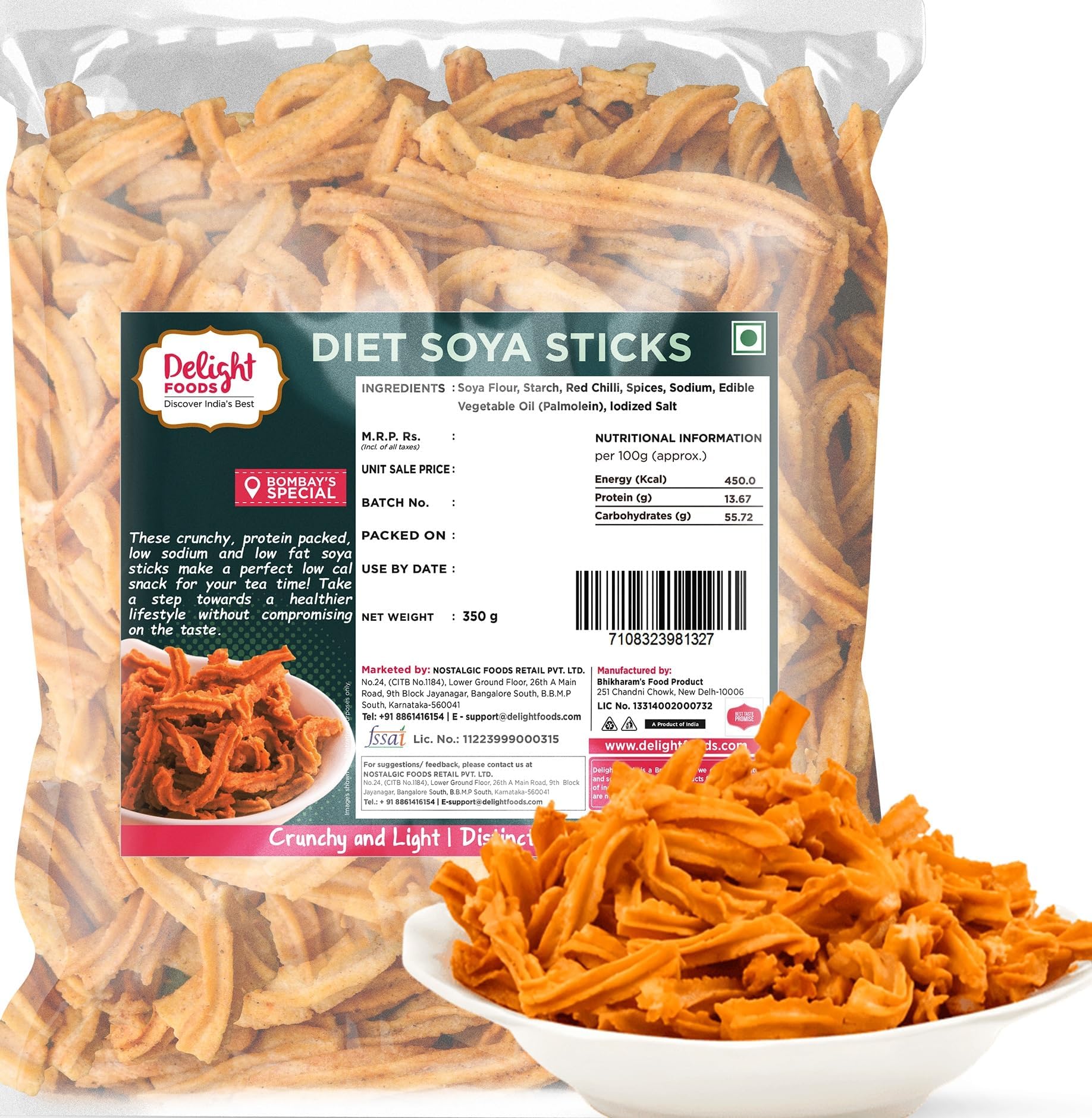 Delight Foods Maharashtrian Snacks - Soya Stick (Diet- low Oil) | Namkeen, Savory, Chips, Healthy Snacks (Diet Soya Sticks 350g)