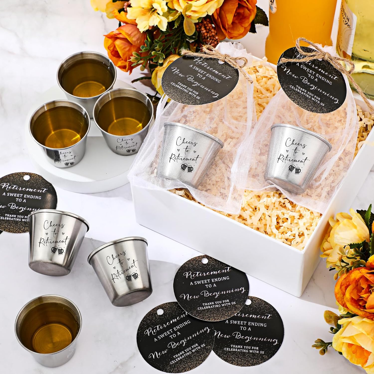 Havawish 50 Sets Retirement Party Favors for Guests 1.5 oz Cheers to Retirement Shot Glasses Stainless Steel Shot Cups with Thank You Tags Organza Bag Gifts for Retired Men Women Party Decoration