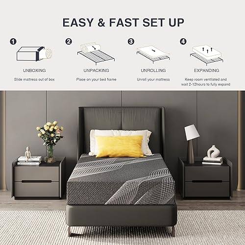 Vista 5 de Colchón de tamaño individual, espuma viscoelástica de gel de 6 pulgadas, enfriamiento y alivio del dolor de espalda, certificado CertiPUR-US, sin