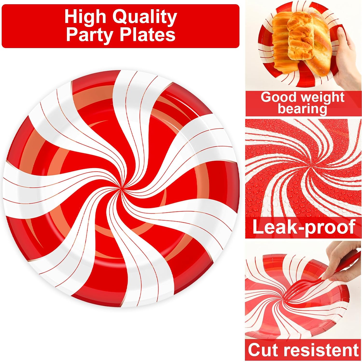 50 Guests Christmas Candy Cane Plates and Napkins Party Supplies Peppermint Party Decorations Disposable Tableware Set Red and White Striped Dinnerware Favor for Holiday Xmas Theme Party, 200PCS image 4