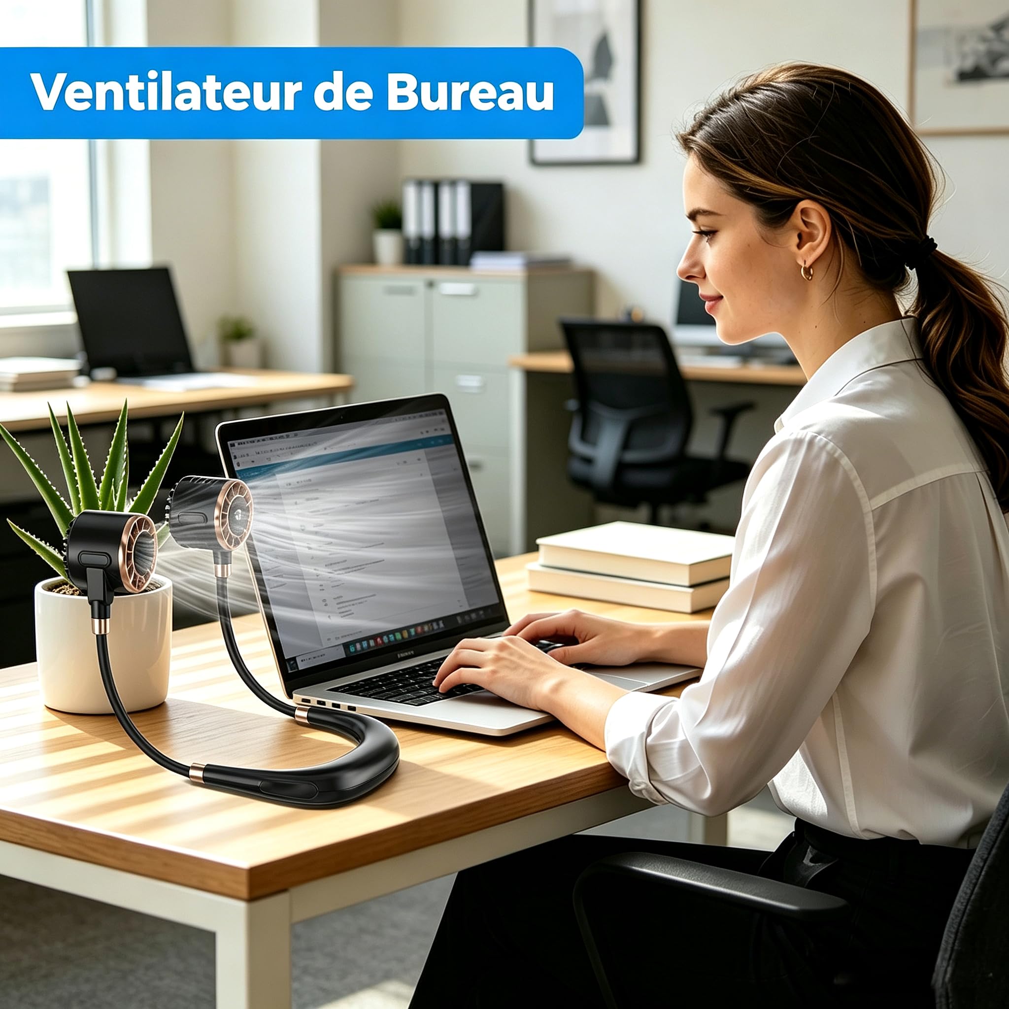 Ventilateur de Cou, 4000mAh USB Ventilateur de Cou Portable avec 6 Vitesses, Ventilateur Cou à Double Tête & Flux d’Air 360°, Ultra-Léger, Mains Libres pour Bureau, Voyage, Trajet, Extérieur, Cuisiner