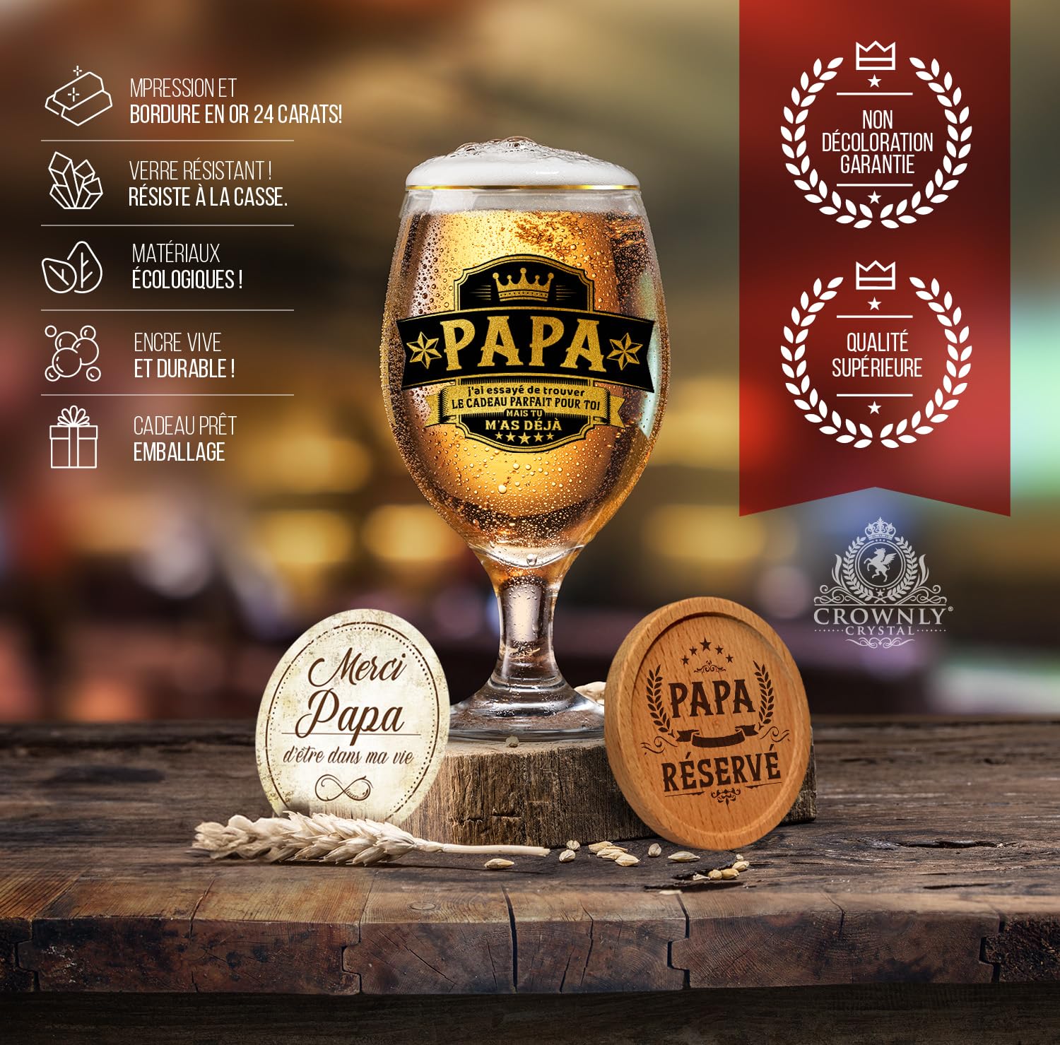 CROWNLY CRYSTAL® Verre à Bière Personnalisé Cadeau Papa Drôle Original Anniversaire Fête des Pères Idée Cadeau Homme