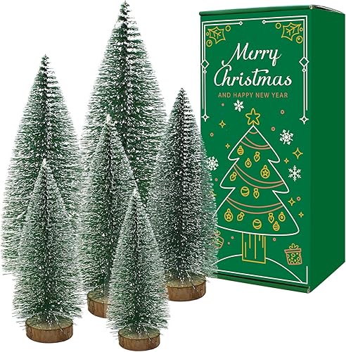 6 cepillos pequeños para botellas de árboles de Navidad, decoraciones de Navidad, árbol de Navidad pequeño con base de madera para decoración de