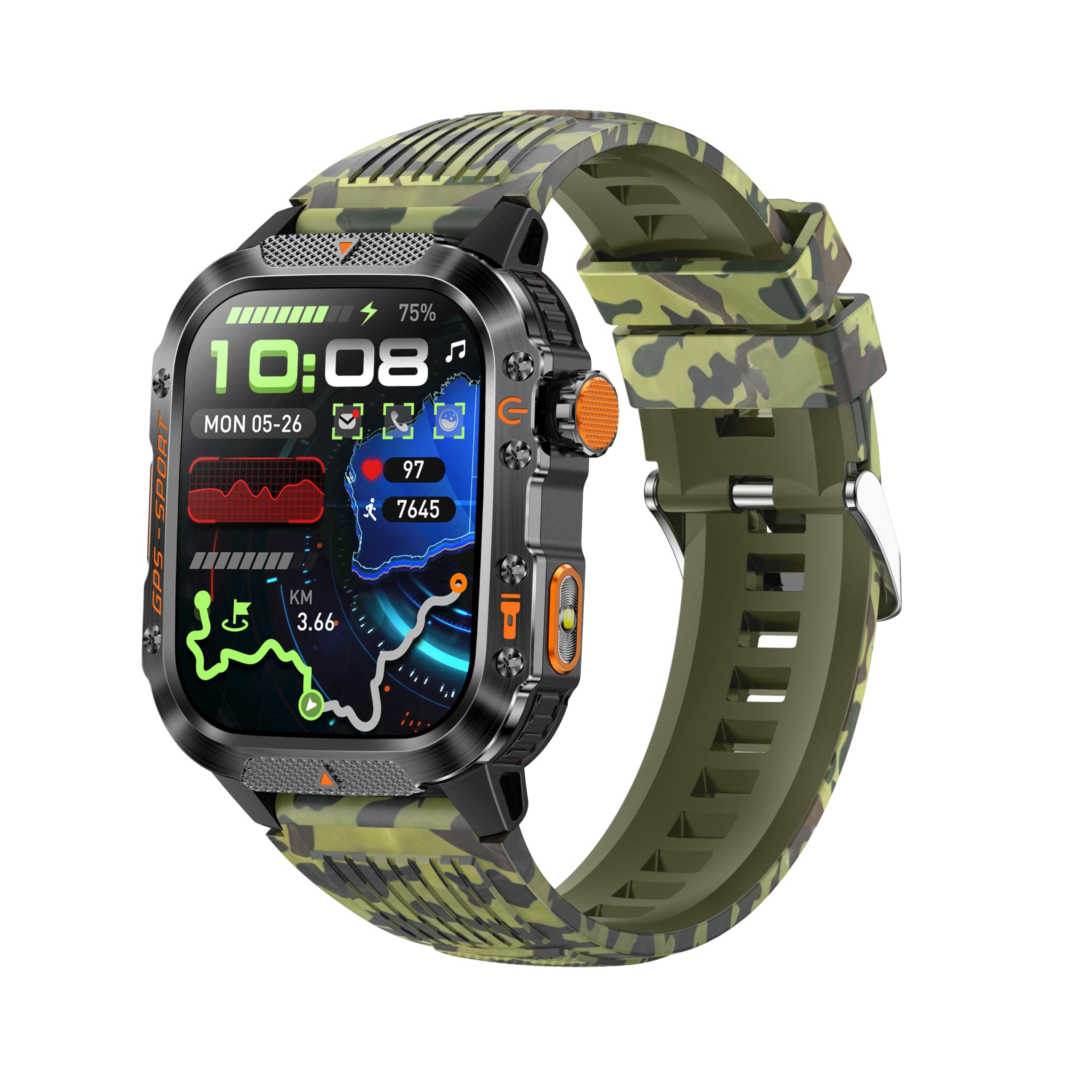 GPS Running Watch for Men Women, 2.01" Fitness Watch with GPS Compass Altimeter, Bluetooth Calls, Heart Rate &amp; Sleep Monitor, Waterproof Outdoor Watch (Green Camouflage Silicone Strap)