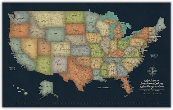 Holy Cow Canvas Personalized Push Pin USA on Canvas in Classic Earth Tones on Navy Background, Customize with Your Names and Quote, Push Pins Included, United States Map Pin Board 40x24 Rolled/Unframed
