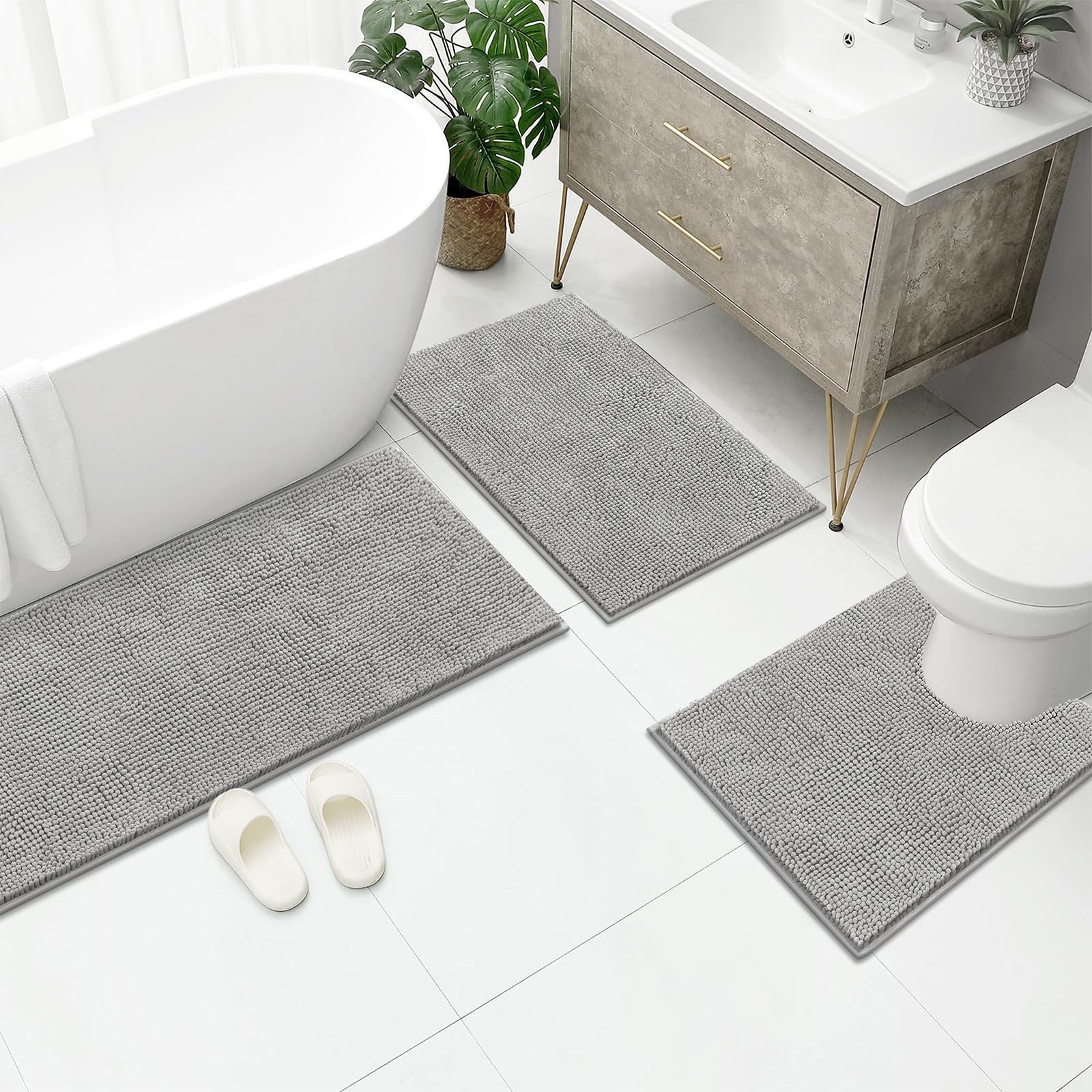 Enyhom Tappetini da bagno in ciniglia, 3 pezzi, ultra assorbenti, antiscivolo, lavabili in lavatrice, morbidi, a pelo lungo, per doccia (grigio chiaro, 45 x 65 + 50 x 80 + U50 x 60 cm)