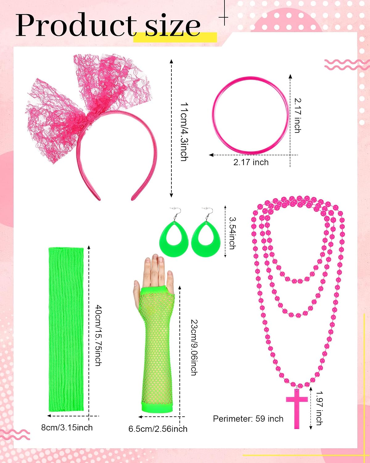 Blulu 6 Pcs 80s Outfit Costume Accessories for Women Fancy Neon Lace Headband Earrings Fishnet Gloves Necklace Bracelet