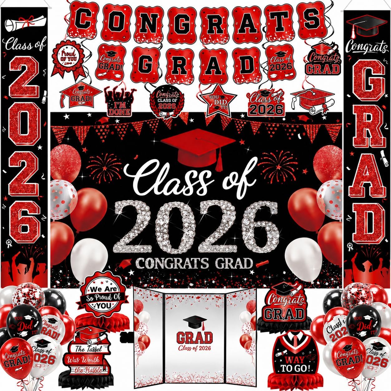 Graduation Decorations Class of 2026, Red Graduation Decorations Set, Banner & Backdrop, Porch Sign, Hanging Swirls, Balloons, Honeycomb Centerpieces, Graduation Guest Book for Grad Party