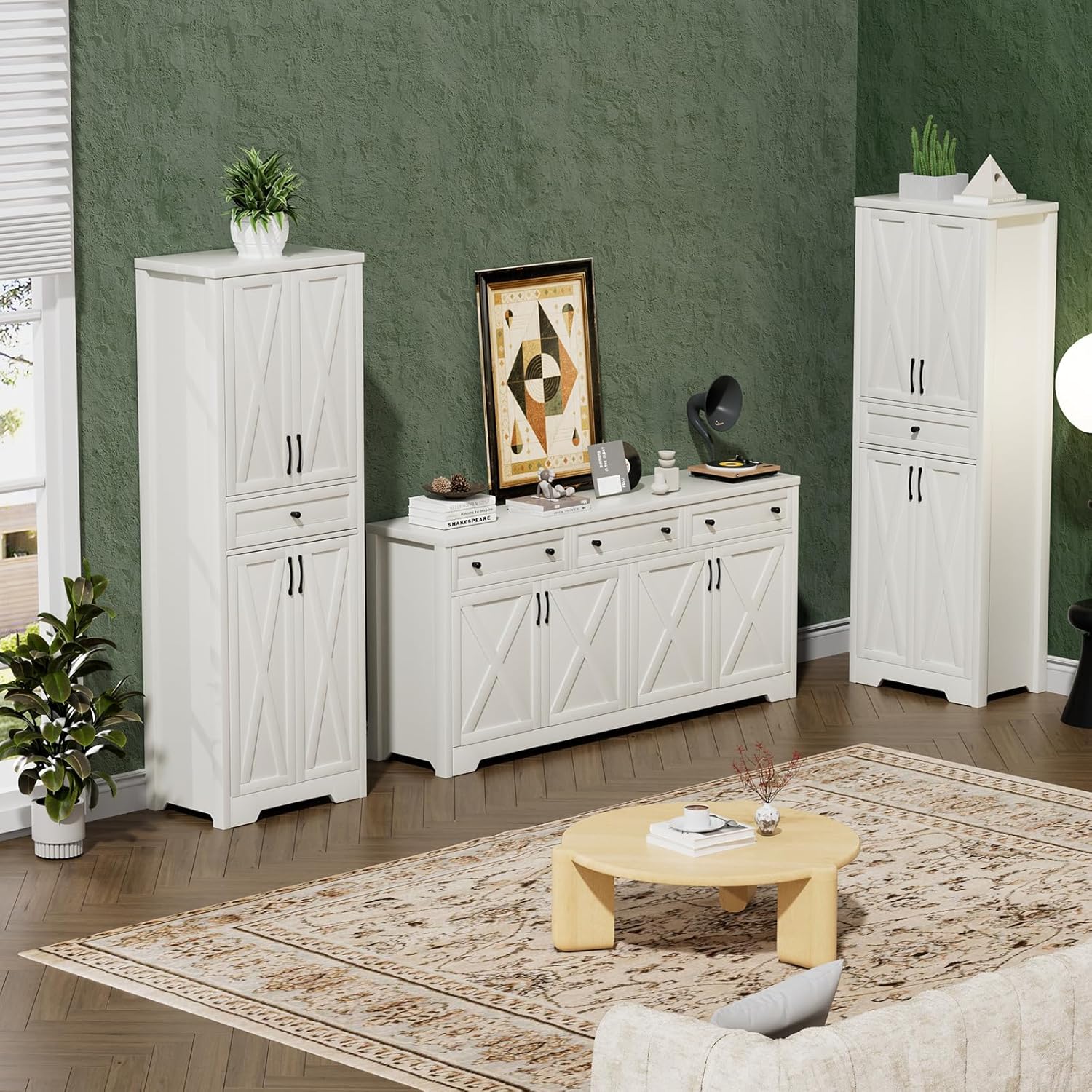 Lyromix 3 Pieces Sideboard and Pantry Set with Storage, White Farmhouse Wall Unit Entertainment Center, Large Kitchen Sideboard Buffet Pantry Cabinet with Drawers