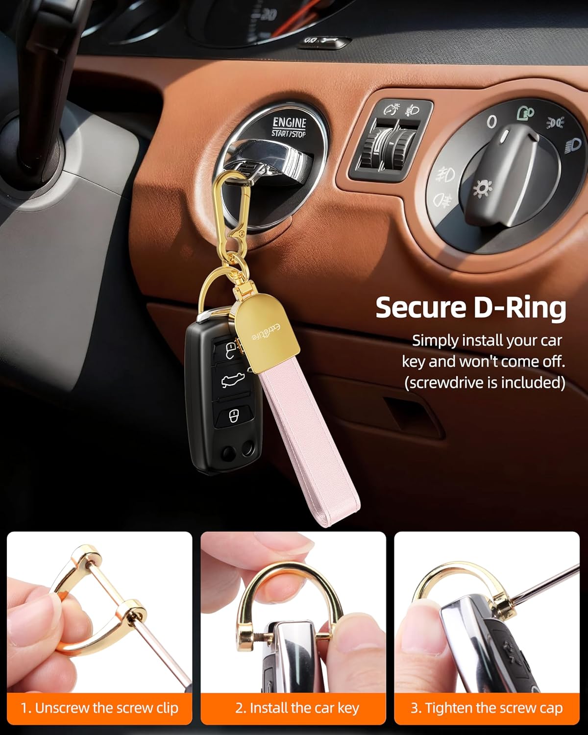 Keychain, Works with Apple Find My, Leather Car Keychain for Women and Men, Car Key Fob Holder, Key Chain with GPS Tracker, Anti-Lost Smart Keys Finder, Rechargeable, Pink