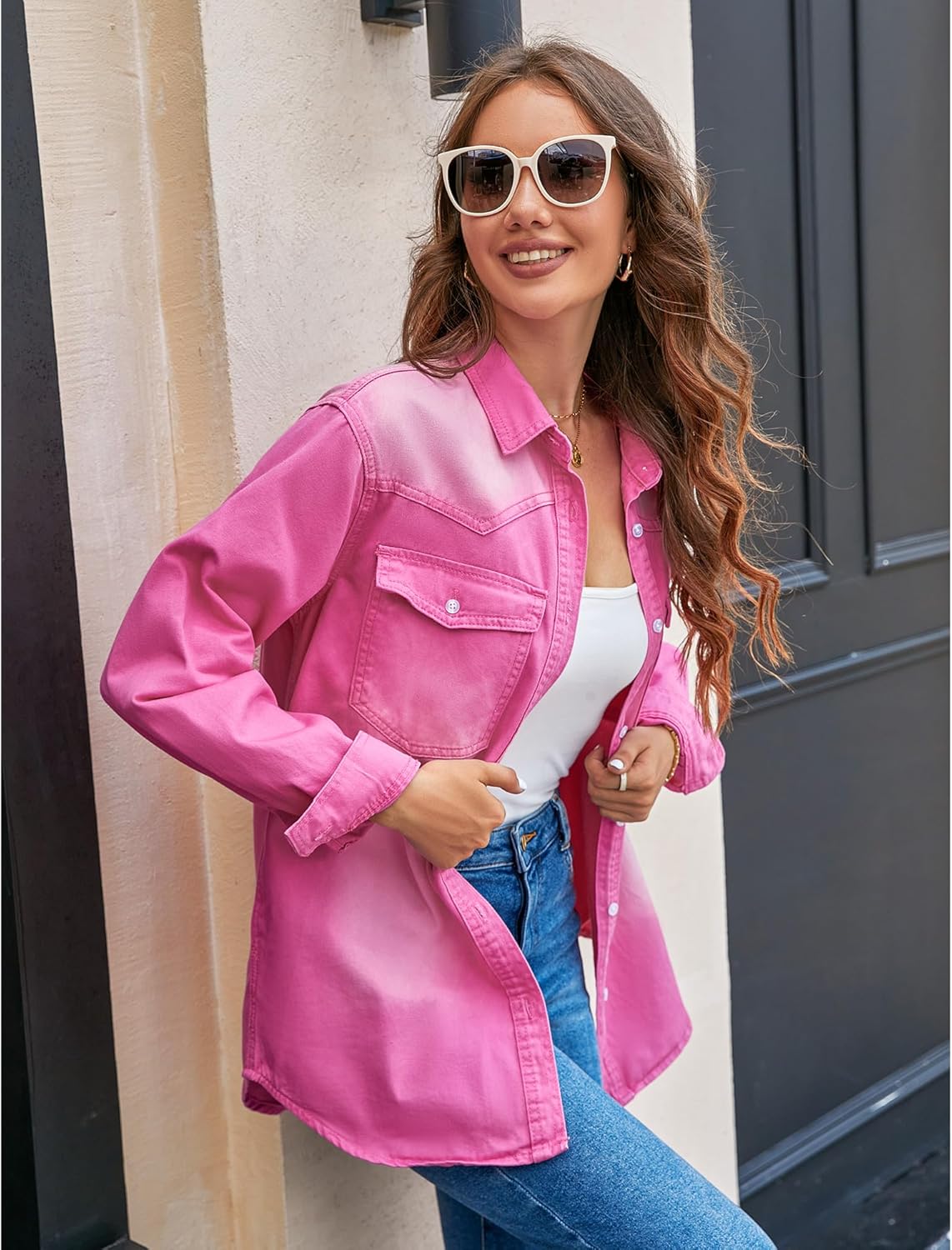 luvamia Long Denim Jacket for Women Lightweight Trendy Jean Button Down Shirts Jackets Oversized Shackets with Pockets - Image 6