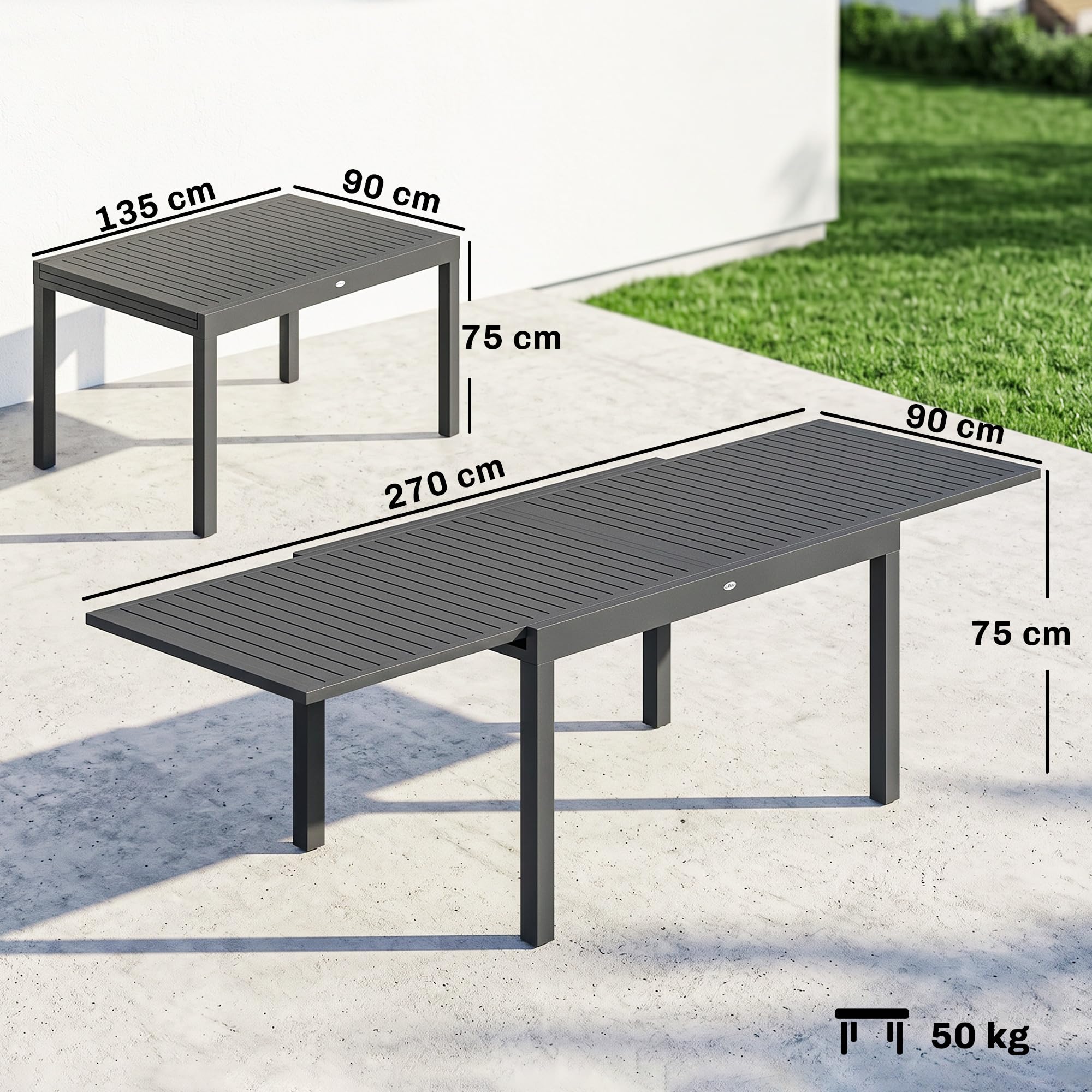 Outsunny Table de Jardin Extensible Aluminium 135-270cm 6-10 Personnes Gris Anthracite