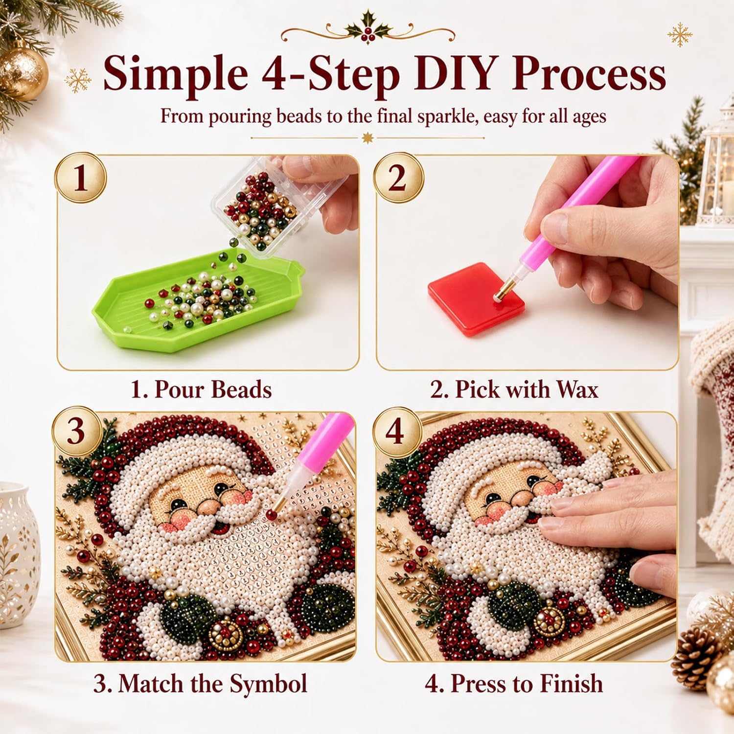 KLIFE DIY Christmas Pearl Diamond Painting Art Kit with Frame, Christmas Decor Santa Pearl Art Kit for Adults Beginner, Santa