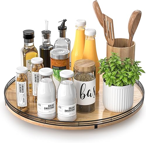 Miniatura 39 de Tabla giratoria redonda de roble de 9 pulgadas para organización en gabinetes, estilo rústico, para almacenamiento en mesa del comedor, despensa,