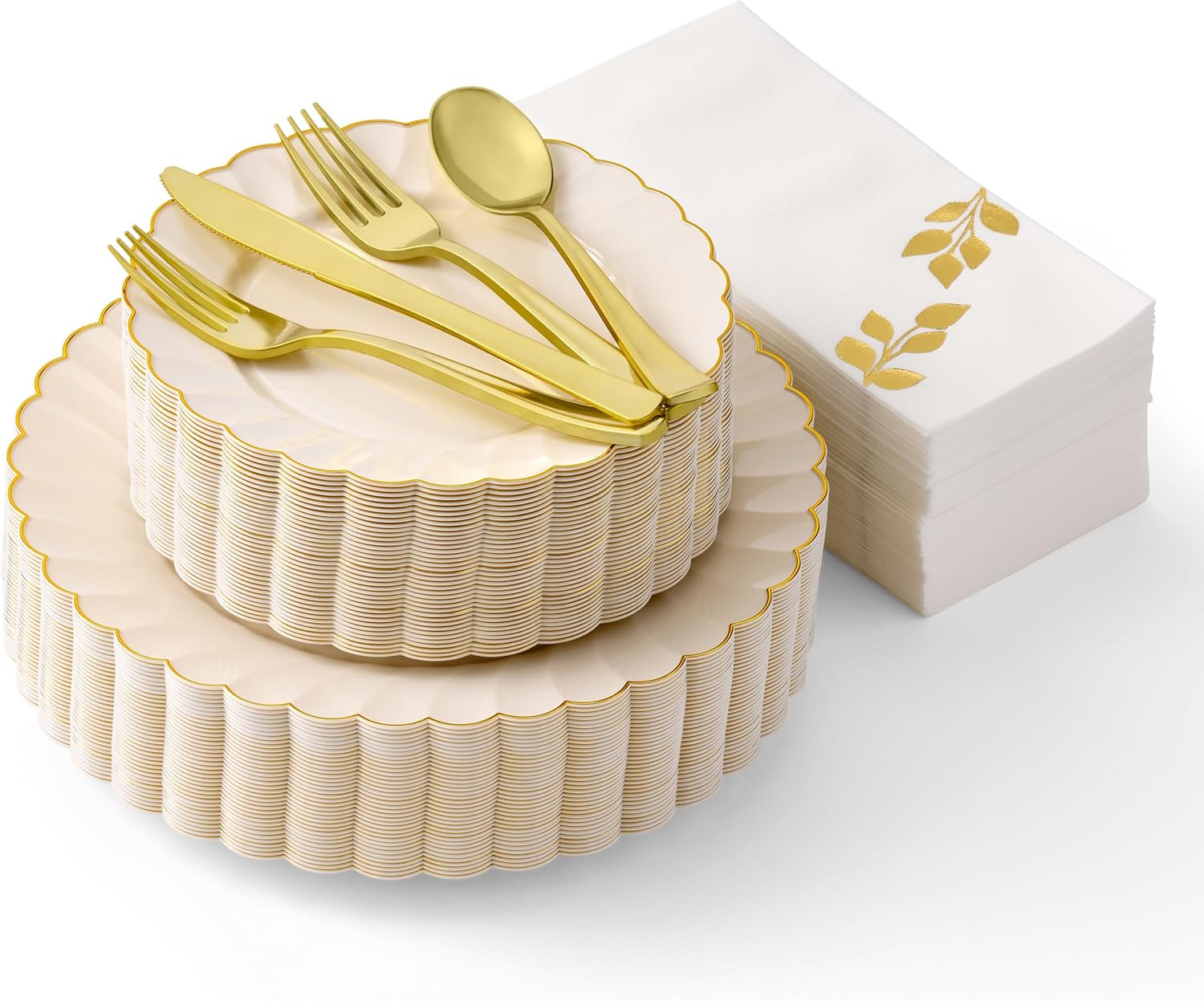 By Madee HIGH END 175 Pc Ivory Scalloped Plastic Plates with Gold Trim | Fancy Plastic Dinnerware Sets | Nice Disposable Plates and Cutlery Set with Fancy Napkins (25 Guests)