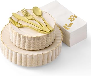 By Madee HIGH END 175 Pc Ivory Scalloped Plastic Plates with Gold Trim | Fancy Disposable Dinnerware Set | Nice Disposable Plates and Cutlery Set w/Cloth Like Napkins for Weddings & Party (25 Guests)