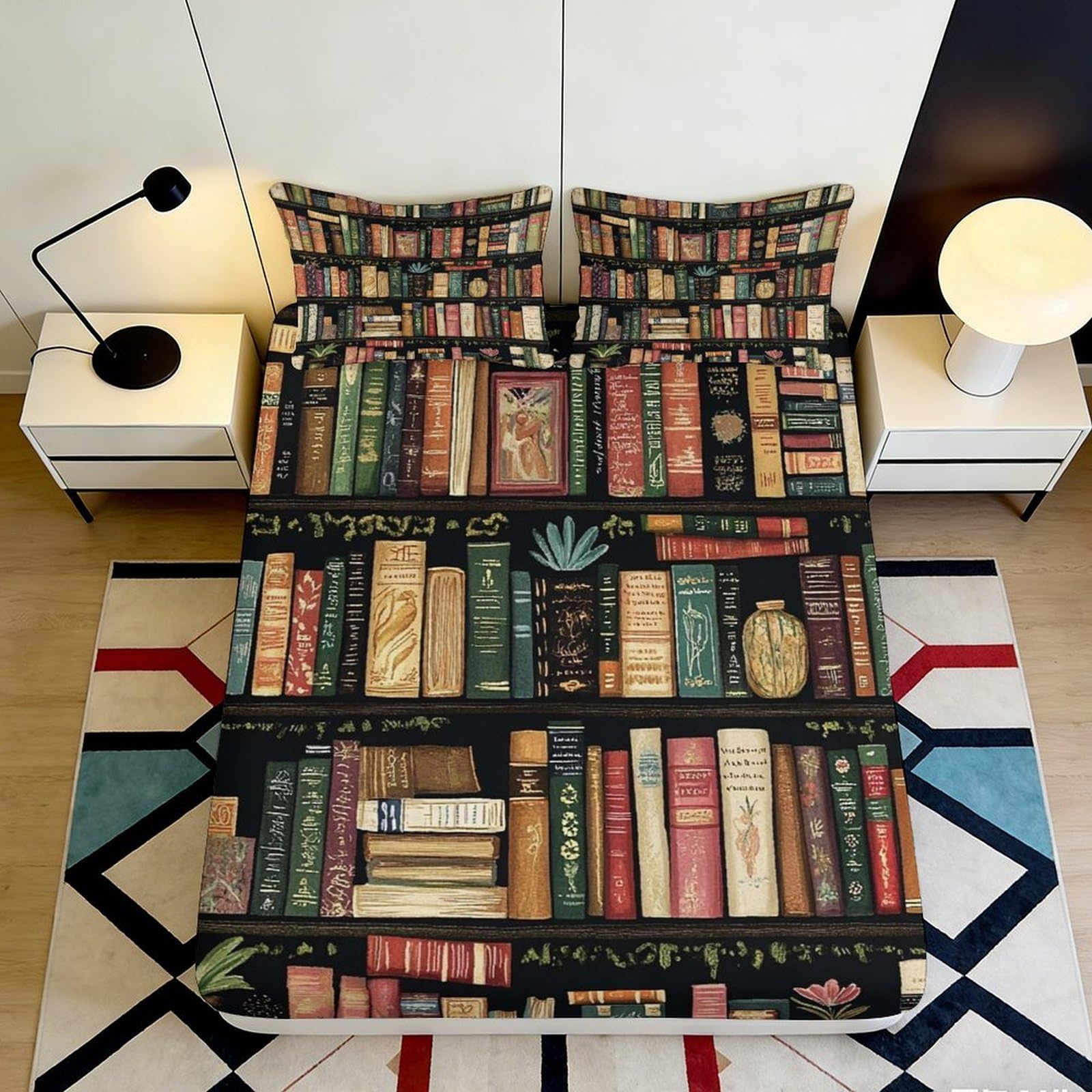 Pnayamiorkfel Style-2 3D Printed Bookshelf Fitted Sheet Microfiber Soft Breathable Library Book Bed Cover For Bedroom Guest Room Decor 90X200x25cm