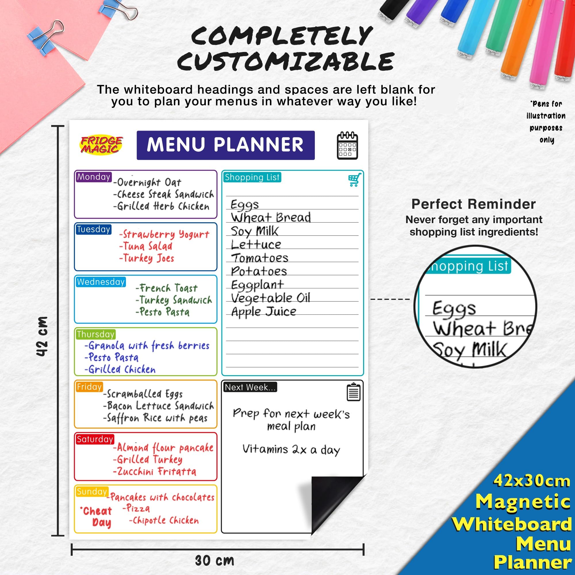 Magnetic Whiteboard for Fridge: Multi-Functional Meal Menu Planner, with Colourful Erasable Pens, W30 x H42 cm - Image 4