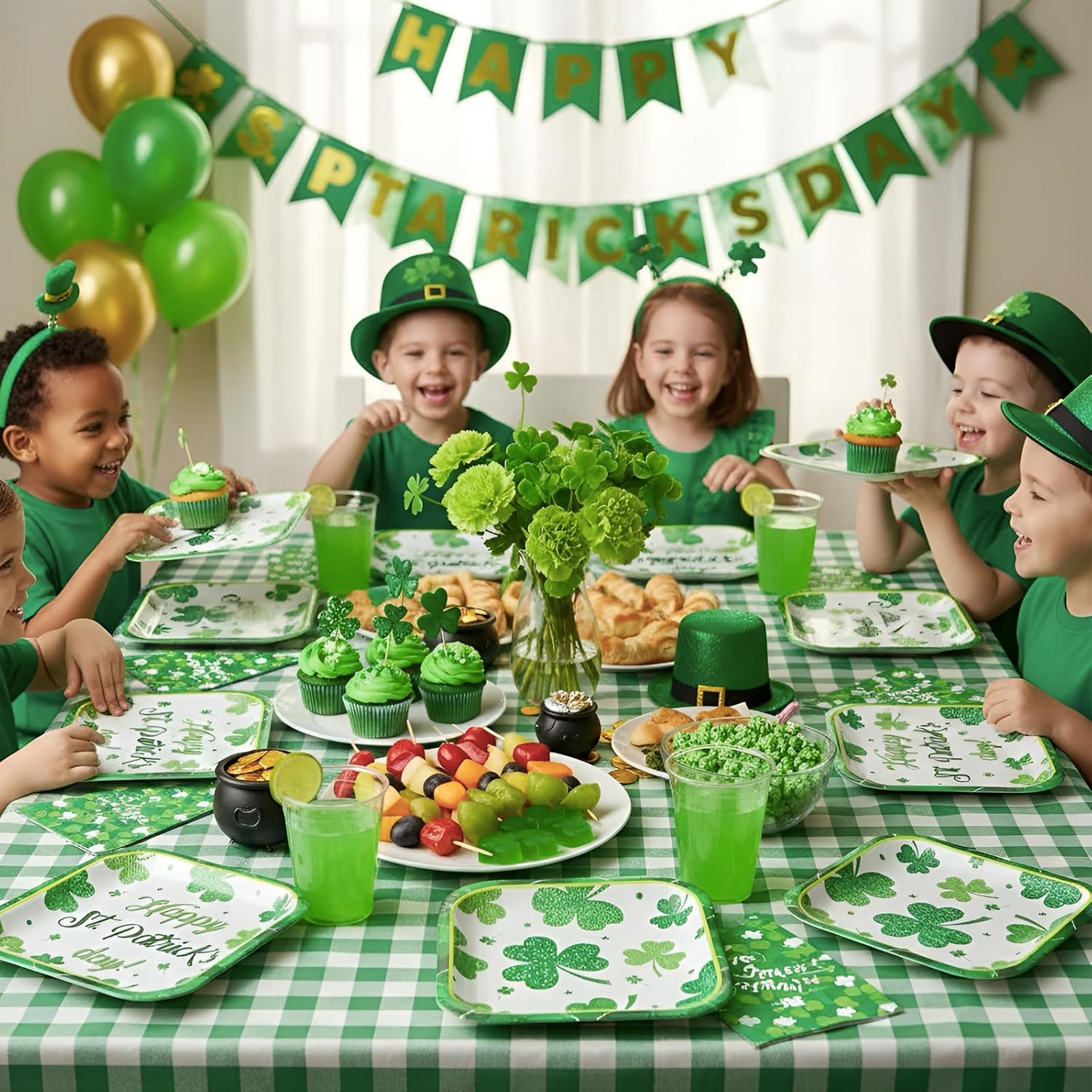 200Pcs St. Patrick’s Plates and Napkins Party Supplies｜7&9inch Green Shamrock Plaid Plates and Paper Napkins｜Disposable Tableware for Happy Patricks Day,50 Guests