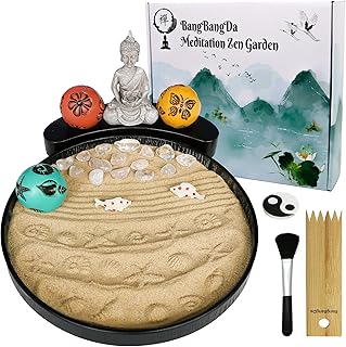 Japanese Meditation Buddha Zen Garden - Tabletop Crystal Rock Sand Zen Garden Kit for Desk Sandbox w/Zen Rake Stamp Spheres Accessories Tools Healing Stone Office Relaxation Zen Decor Zen Gifts