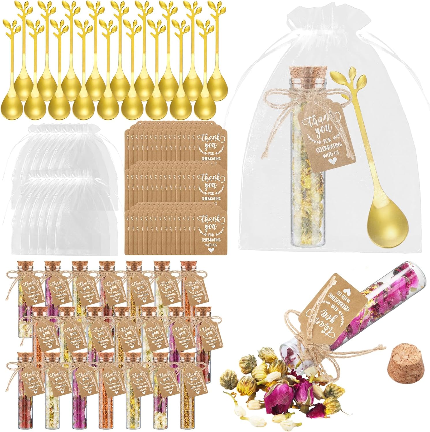 Hoolerry 48 Set Tea Party Favors Bulk Rustic Wedding Favor for Guest with 4.3'' Glass Tea Jar Stainless Steel Teaspoon Gift Tag Drawstring Organza Bag and Rope, Thank You Gift for Wedding Tea Party