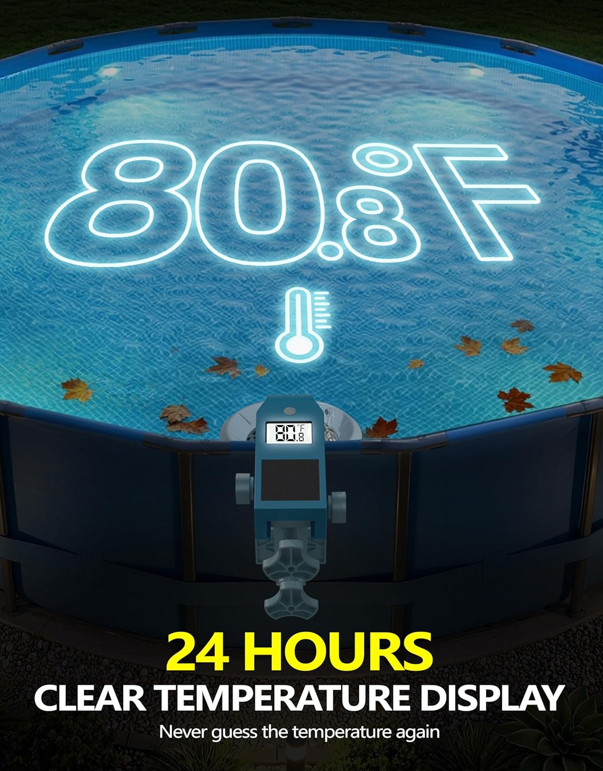 BluSwim Above Ground Pool Skimmer with Solar Digital Thermometer | Wall Mount Surface Skimmer - Auto Skimming Pool Floating Debris | 2 Upgraded Bracket - More Stable & Height Adjustable