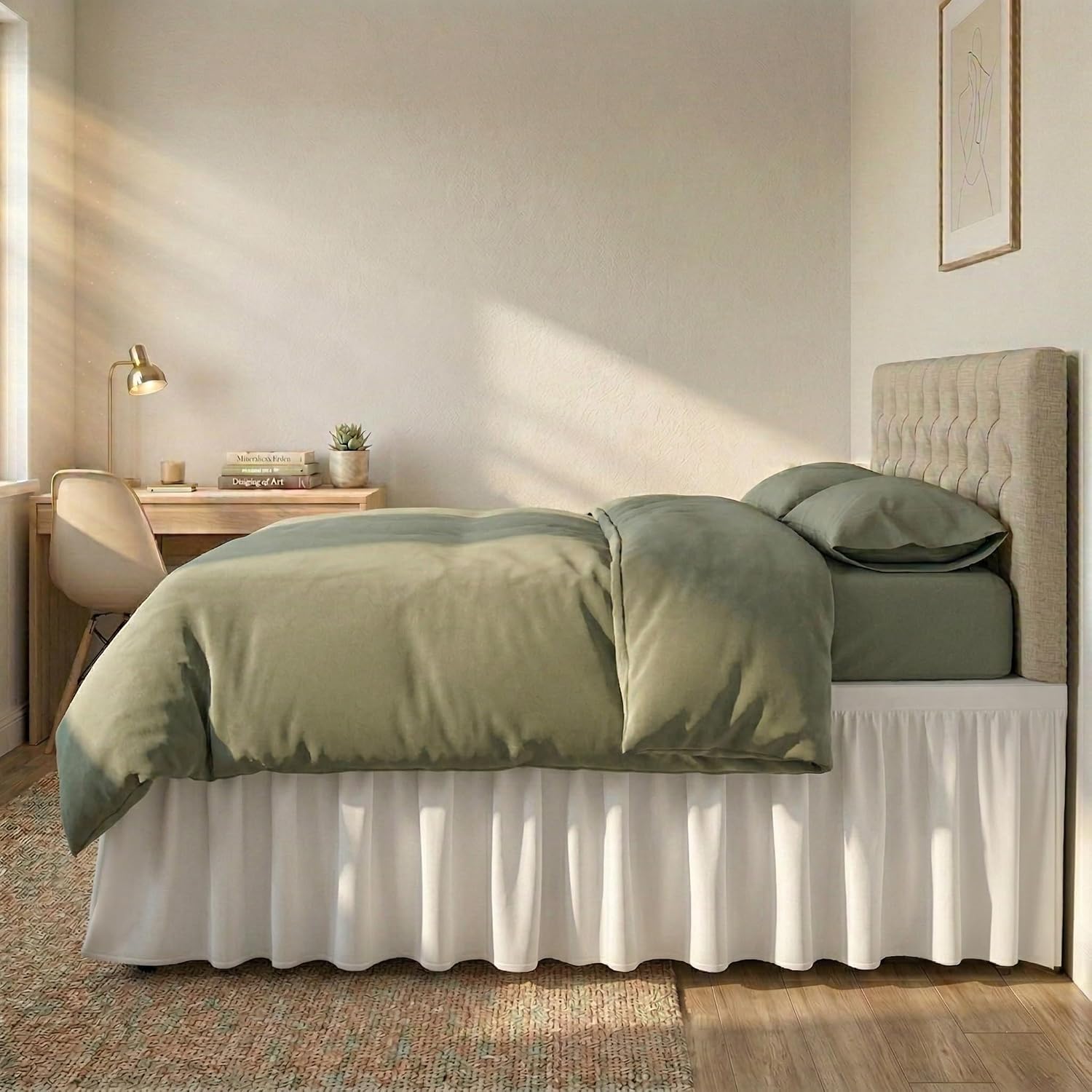 Wrap Around Bed Skirt for Dorm Bed, Microfiber Twin XL Ruffled Bed Skirt with 40" Tailored Drop, Dust Ruffle with Easy Fit 360 Degree Elastic Strap, 3 Split Panels, Machine Washable, White