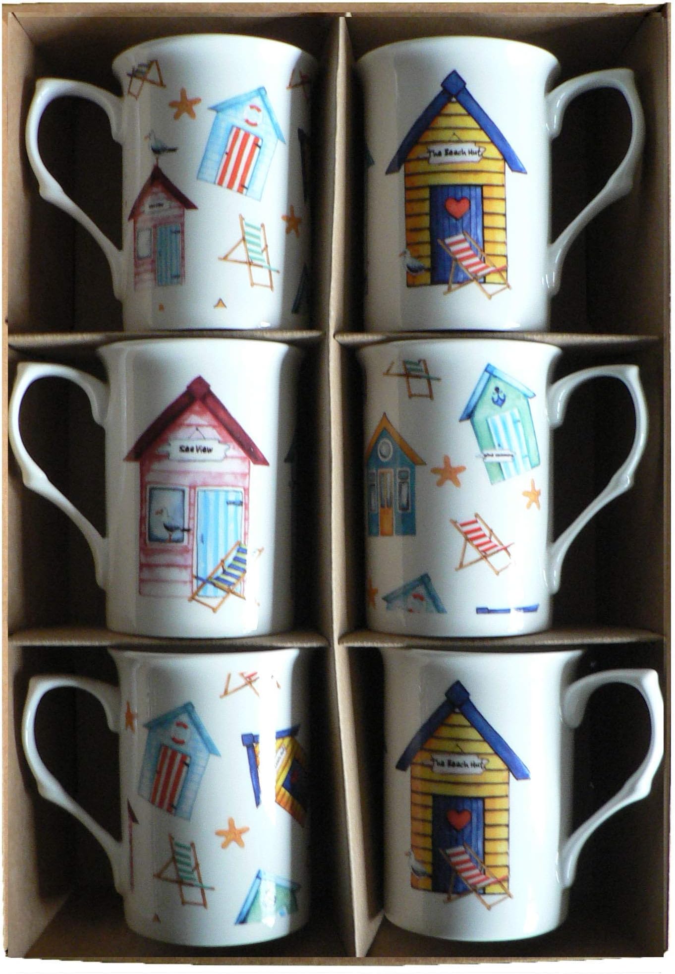 Beach Hut Mugs Bone China Set of 6 Gift Boxed
