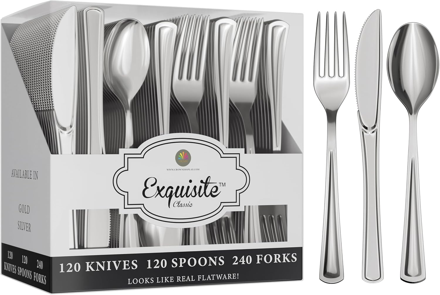 Exquisite Silver Plastic Silverware Heavy Duty 480 Pieces- 240 Silver Plastic Forks Heavy Duty, 120 Spoons & 120 Knives - Disposable Silverware Set, Flatware Sets Disposable Utensils For Catering &