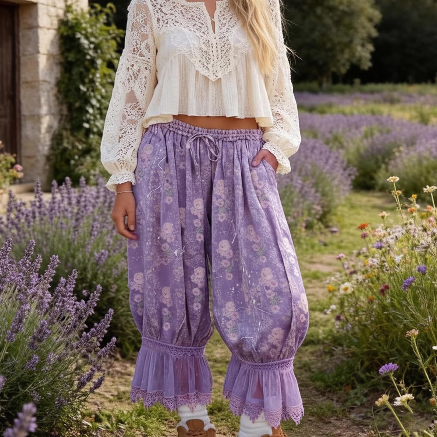 Women Lace Trim Bloomer Ruffle Elastic Waist Cropped Pettipants Pjs Bottoms