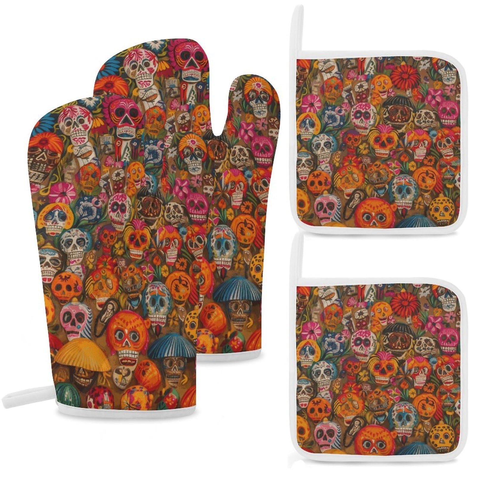Mexican Folk Art Oven Mitts and Pot Holders Sets Heat Resistant Oven Glove with Hanging Loop for Baking Cooking BBQ Thicken Potholders for Kitchen