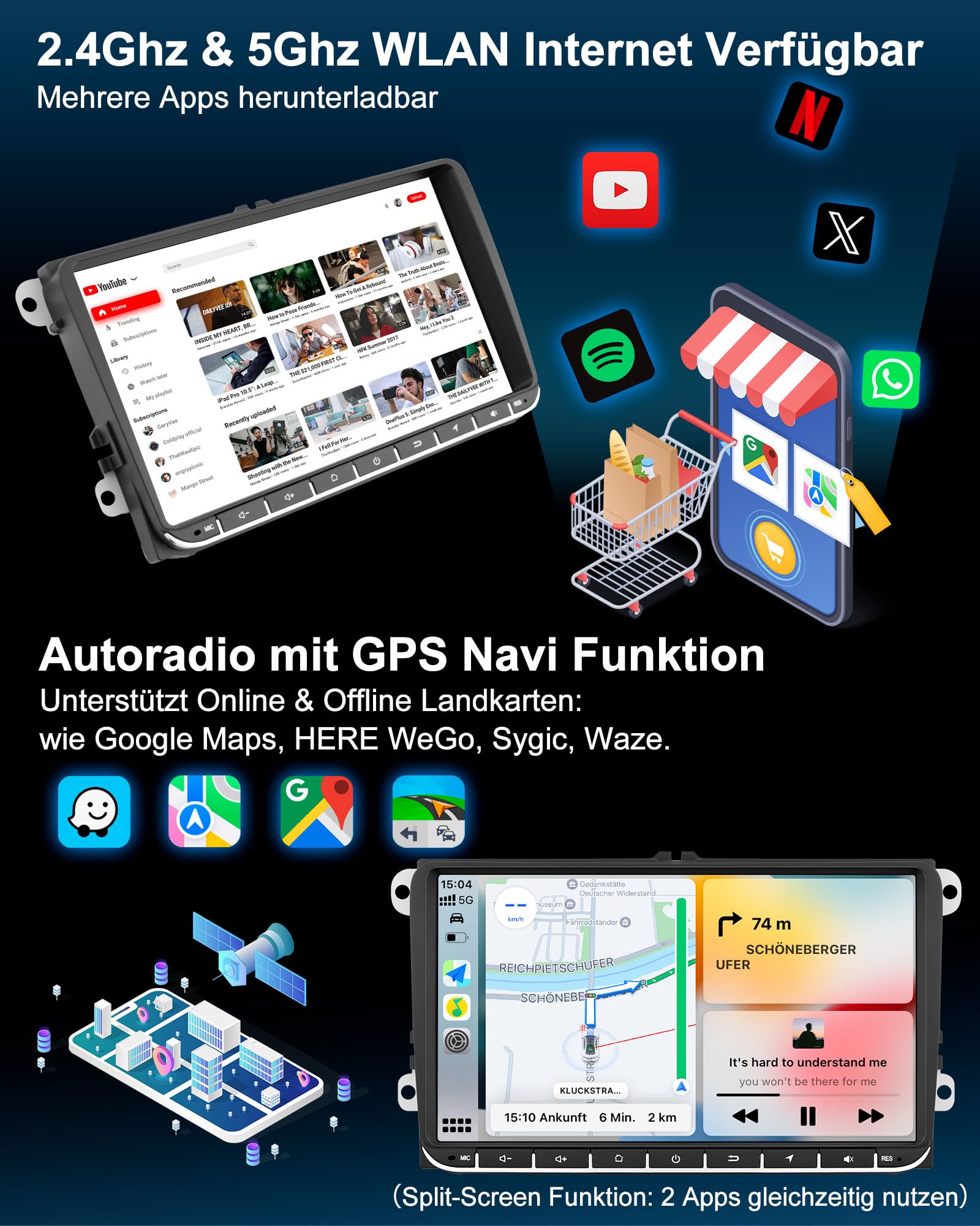 VW Autoradio mit Bildschirm 2+64GB für Golf 5 6 Polo T5 Passat Touran Seat Skoda, 2Din Bluetooth Auto Radio mit Navi DAB WLAN FM/AM, Apple Carplay, Android Auto, Lenkrad Strg,Android 14 (9 Zoll)