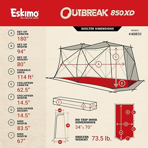 Miniatura 2 de Eskimo Outbreak Portable Pop-Up Ice Fishing Shelter, Stormshield Insulated Fabric, No Trip Door, Durable Hub Design, Deluxe Tie Downs, RedBlack